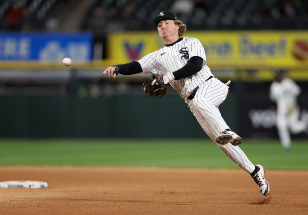 Chicago White Sox shortstop Chase Meidroth throws out Athletics hitter Lawrence Butler on a ground out in the 8th inning of a game at Rate Field in Chicago on April 15, 2025. (Chris Sweda/Chicago Tribune)