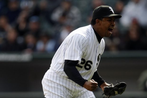 Chicago White Sox' Octavio Dotel reacts after striking out Kansas City Royals' Mike Aviles to end top of 8th inning during MLB action at US Cellular Field in Chicago, IL on Thursday afternoon, April 9, 2009. (Scott Strazzante/Chicago Tribune) ..OUTSIDE TRIBUNE CO.- NO MAGS, NO SALES, NO INTERNET, NO TV, CHICAGO OUT.. 00303391B Sox0409 (baseball pro)