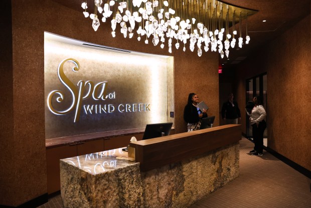 The entrance to the spa at Wind Creek Chicago Southland hotel in East Hazel Crest on April 9, 2025. (Chris Sweda/Chicago Tribune)