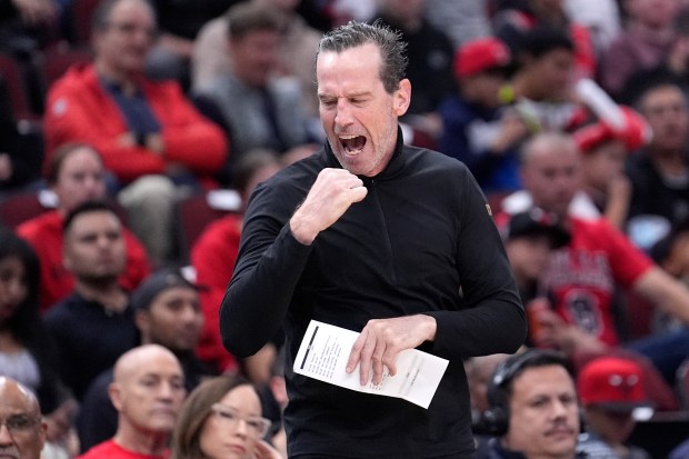 Cavaliers coach Kenny Atkinson reacts after his team's defensive play during the second half of a preseason game against the Bulls on Oct. 18, 2024. (Charles Rex Arbogast/AP)
