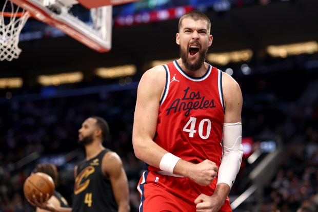 Clippers' Ivica Zubac reacts after a dunk during the fourth quarter against the Cavaliers at Intuit Dome on March 18, 2025. (Photo by Katelyn Mulcahy/Getty Images)