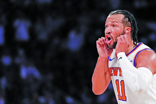 Knicks guard Jalen Brunson reacts during the second half of Game 1 of a first-round playoff series against the Pistons on April 19, 2025, in New York. (AP Photo/Julia Demaree Nikhinson)