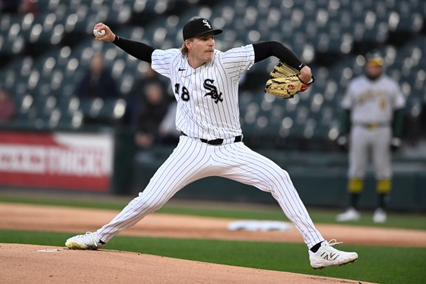 White Sox starter Jonathan Cannon delivers during the first inning against the Athletics on April 16, 2025, at Rate Field. (Paul Beaty/AP)