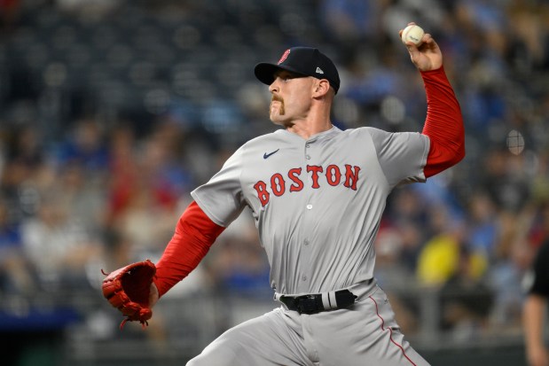 Red Sox reliever Cam Booser delivers against the Royals on Aug. 5, 2024, in Kansas City, Mo. (Reed Hoffmann/AP)
