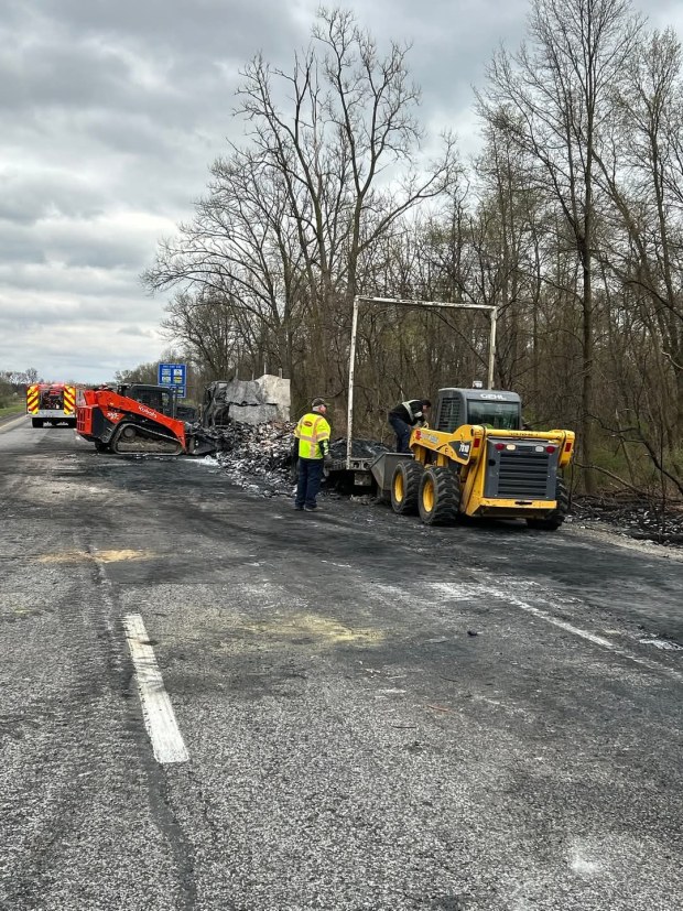Rieth-Riley contractors were busy repairing a portion of Interstate 65 early Tuesday morning after a Monday truck fire damaged the roadway on the southbound side of Interstate 65 near Roselawn. (Photo courtesy of Indiana Department of Transportation)