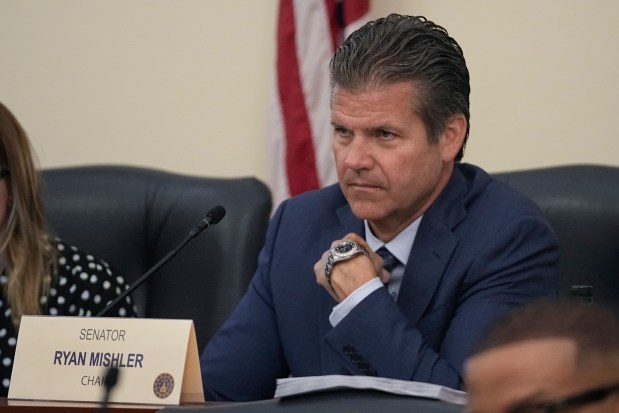 Indiana State Sen. Ryan Mishler, R-Mishawaka, listens during a Senate Appropriations Committee hearing at the Indiana Statehouse in this April 13, 2023 file photo. (AP Photo/Darron Cummings, file)