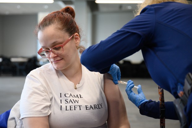 Hammond resident Cassandra Seibert gets up-to-date on vaccines during a Lake County Health Department immunization clinic on Thursday, April 10, 2025. (Kyle Telechan/for the Post-Tribune)