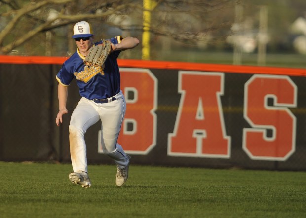 Sandburg's center fielder Charles Snoreck (11) makes the final out of an inning against Lincoln-Way West during a SouthWest Suburban Conference game Wednesday, April 23, 2025 in New Lenox, IL. (Steve Johnston/for the Daily Southtown)