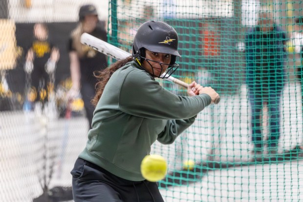 Andrew's MaTaia Lawson (2) hits during practice in Tinley Park on Wednesday April 9, 2025. (Troy Stolt for the Daily Southtown)