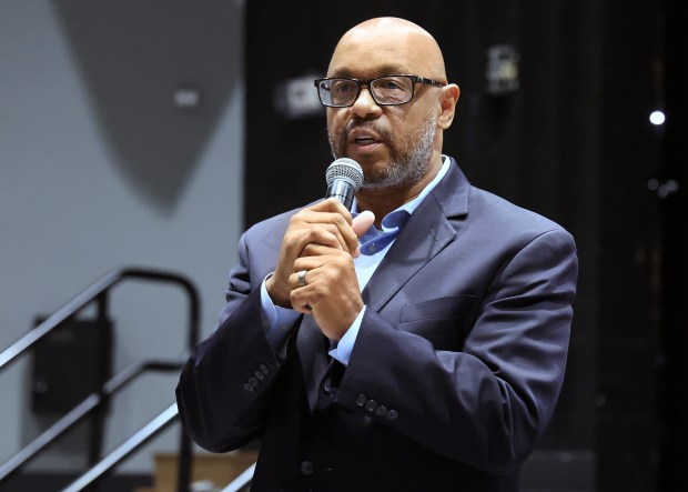 Calumet City Mayor Thaddeus Jones talks to area residents about property tax increases in the south suburbs on July 22, 2024, at Thornton Fractional North High School in Calumet City. (Terrence Antonio James/Chicago Tribune)