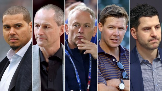 Bears General Manager Ryan Poles, from left, Bulls Executive Vice President of Basketball Operations Artūras Karnišovas, Cubs President of Baseball Operations Jed Hoyer, White Sox Executive Vice President/General Manager Chris Getz and Blackhawks General Manager Kyle Davidson. (Chicago Tribune photos)