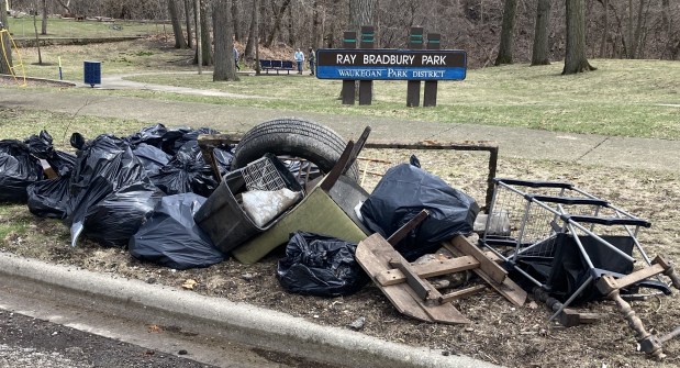At the end of the cleanup, bags of trash were placed by the roadside for pickup. (Steve Sadin/For the Lake County News-Sun)