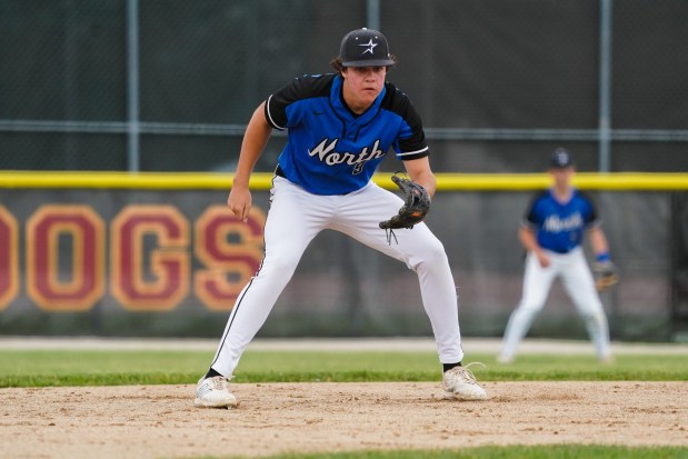 St. Charles North's Matthew Kelly gets in the ready position during a Class 4A Batavia Regional semifinal game against Batavia at Batavia High School on Thursday, May 29, 2025. (Sean King / for The Beacon-News)