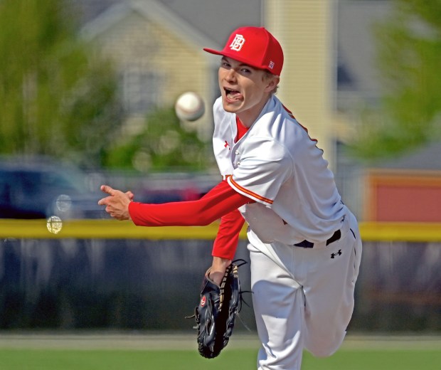 Batavia's Justin Enger delivers a pitch to home. Batavia baseball defeated Geneva 6-1, Friday, May 2, 2025, in Batavia, Illinois. (Jon Langham/for the Beacon-News)