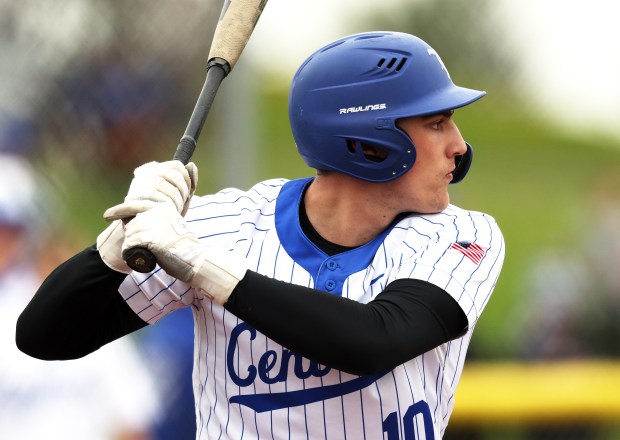 Burlington Central's Chase Powrozek (10) anticipates a pitch for a base hit in the second inning against Jacobs during a Fox Valley Conference game in Burlington on Wednesday, April. 30, 2025.(H. Rick Bamman / The Beacon-News)