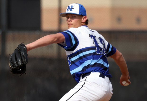 St. Charles North's Matt Ritchie (13)pitches against Lake Park in the first inning during a DuKane Conference game in St. Charles on Thursday, May 15, 2025.(H. Rick Bamman/The Beacon-News)
