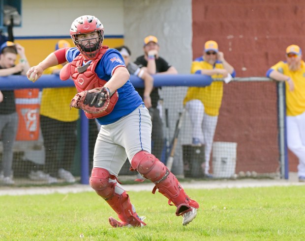 Marmion's Ethan Flores (28) makes the throw to 1st at Aurora Central Catholic on Monday, May 12, 2025. (Mark Black / for the Beacon-News)