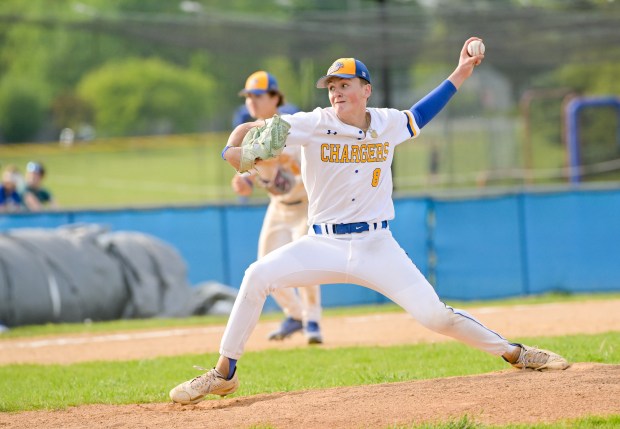 Aurora Central's Tyler Davis (8) pitches against Marmion during a game at home in Aurora on Monday, May 12, 2025. (Mark Black / for the Beacon-News)