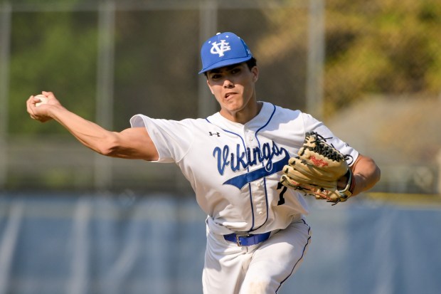 Geneva's Mason Bruesch (7) pitches against St. Charles East at home on Wednesday, May 14, 2025. (Mark Black / for the Beacon-News)