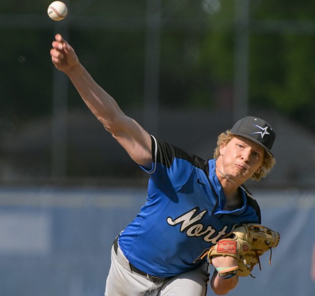 St. Charles North's Keaton Reinke (6) pitches against Geneva for the conference championship in Geneva on Friday, May 23, 2025. (Mark Black / for the Beacon-News)