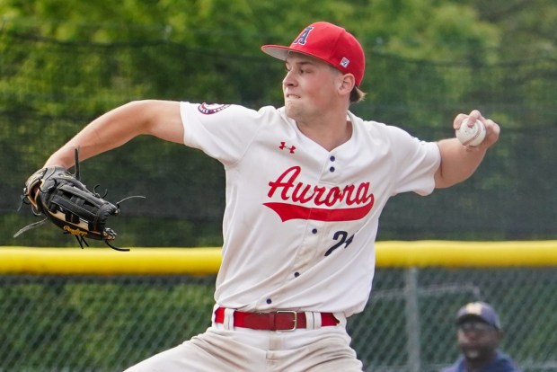West Aurora's Zach Toma pitches against Neuqua Valley during a Class 4A Waubonsie Valley Regional semifinal game at Waubonsie Valley High School in Aurora on Wednesday, May 28, 2025. (Sean King / for The Beacon-News)