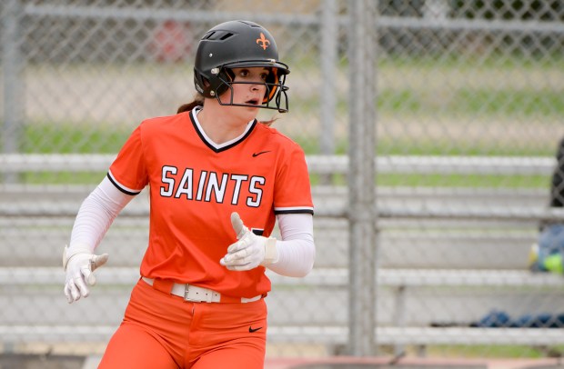 St. Charles East's Caleigh Higgins (15) watch the play unfold after scoring in the 5th against Geneva at home on Wednesday, April 30, 2025. (Mark Black / for the Beacon-News)