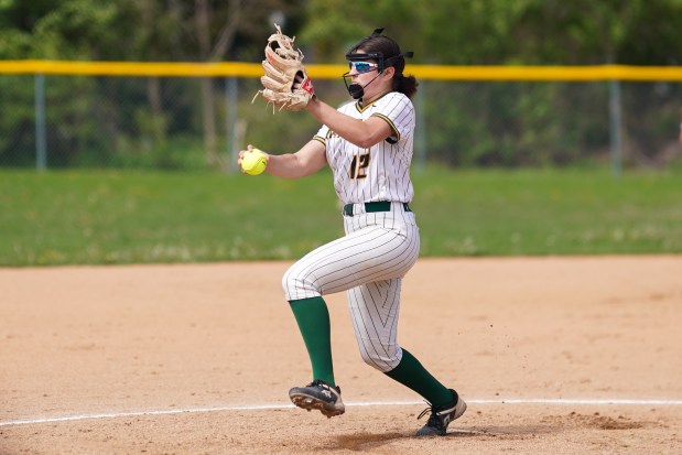 Waubonsie Valley's Samantha Wiertelak delivers a pitch against Joliet Central during a nonconference softball game at Waubonsie Valley High School in Aurora on Saturday, May 3, 2025. (Sean King / for The Beacon-News)
