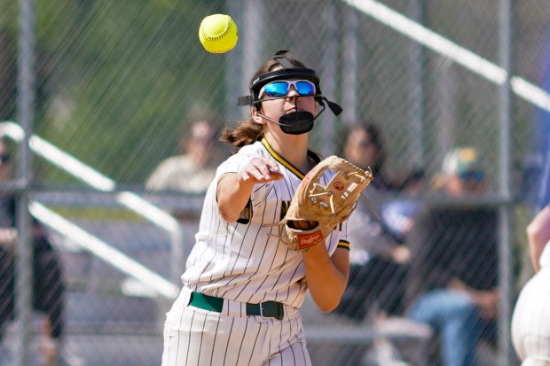 Waubonsie Valley's Samantha Wiertelak fields a grounder and throws to first for an out during a nonconference softball game against Joliet Central at Waubonsie Valley High School in Aurora on Saturday, May 3, 2025. (Sean King / for The Beacon-News)