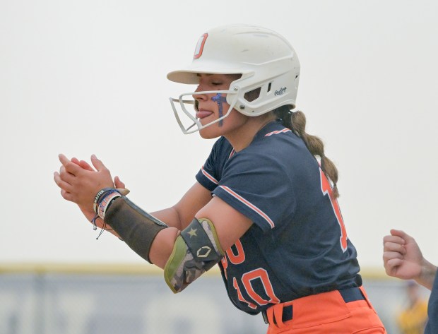 Oswego's Kiyah Chavez (10) celebrates at 1st against Neuqua Valley during the Class 4A Oswego East Regional final in Oswego on Friday, May 30, 2025. (Mark Black / for the Beacon-News)