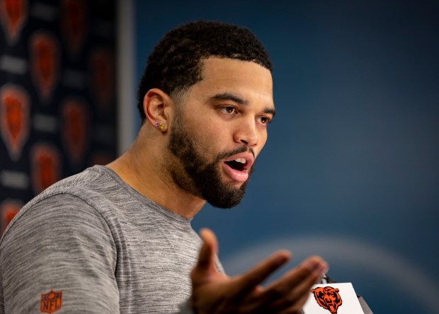 Bears quarterback Caleb Williams speaks after practice Wednesday, May 28, 2025, at Halas Hall. (Brian Cassella/Chicago Tribune)
