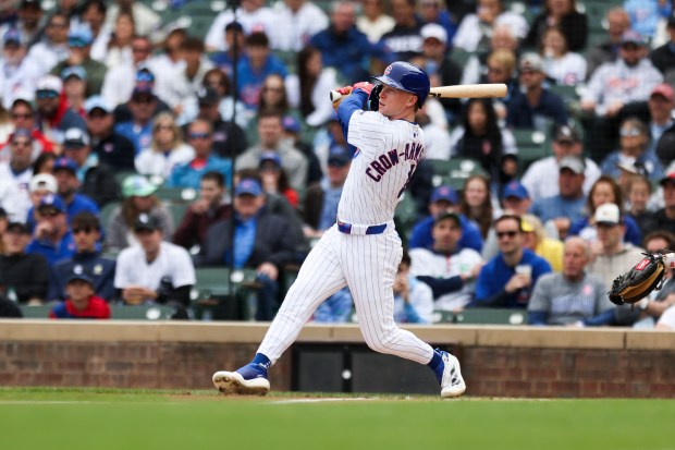 Chicago Cubs outfielder Pete Crow-Armstrong (4) hits a triple in the first inning against the Chicago White Sox at Wrigley Field Sunday, May 18, 2025. (Eileen T. Meslar/Chicago Tribune)