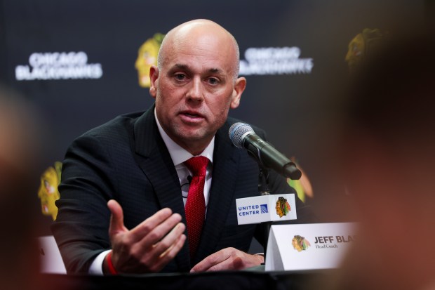 New Blackhawks coach Jeff Blashill speaks during an introductory news conference at the United Center on Tuesday, May 27, 2025. (Eileen T. Meslar/Chicago Tribune)