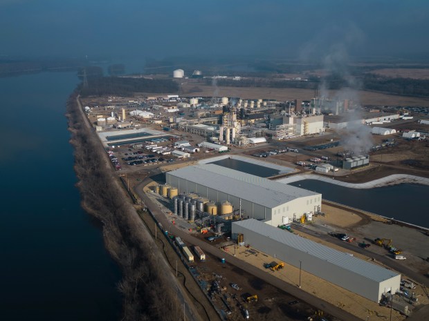 3M's Cordova chemical plant on the Mississippi River upstream from the Quad Cities, Dec. 7, 2022. The company said it will stop making PFAS chemicals in 2025. (E. Jason Wambsgans/Chicago Tribune)
