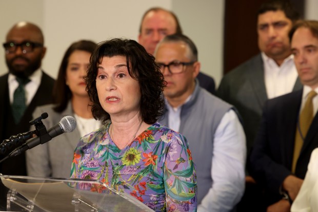 Ald. Debra Silverstein, 50th, joins leaders from Chicago's Jewish community and city council join the Anti-Defamation League to speak out on antisemitism, May 23, 2025, in Chicago. (Antonio Perez/Chicago Tribune)