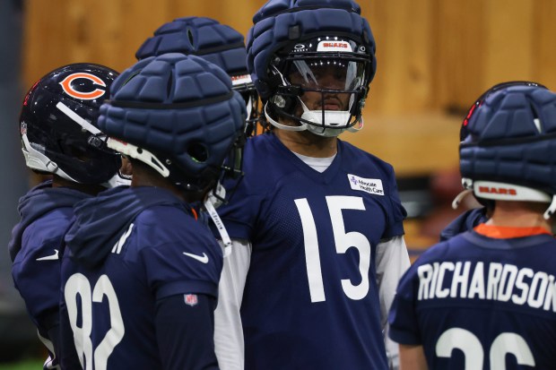 Rome Odunze (15) works out during Bears organized team activities in the Walter Payton Center at Halas Hall on May 21, 2025, in Lake Forest. (John J. Kim/Chicago Tribune)