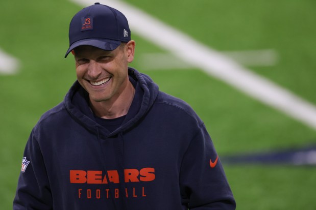Bears coach Ben Johnson during organized team activities in the Walter Payton Center at Halas Hall on May 21, 2025, in Lake Forest. (John J. Kim/Chicago Tribune)