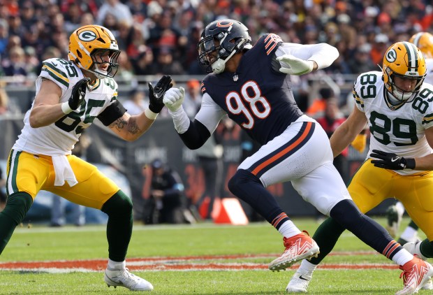 Bears defensive end Montez Sweat (98) rushes Packers quarterback Jordan Love on Nov. 17, 2024, at Soldier Field. (John J. Kim/Chicago Tribune)