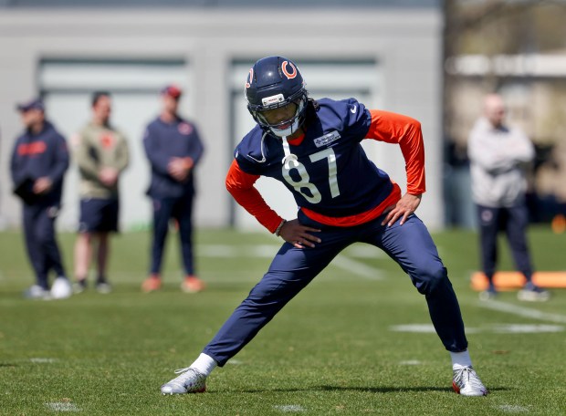 Wide receiver Luther Burden III stretches during Bears rookie minicamp at Halas Hall on May 9, 2025, in Lake Forest. (Stacey Wescott/Chicago Tribune)