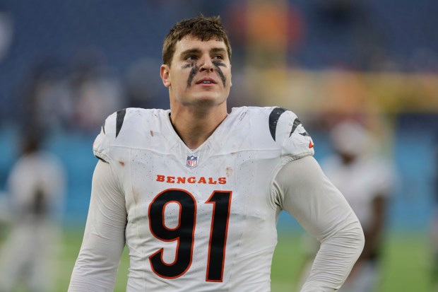 Bengals defensive end Trey Hendrickson walks off the field after a game against the Titans on Dec. 15, 2024, in Nashville, Tenn. (AP Photo/Stew Milne)