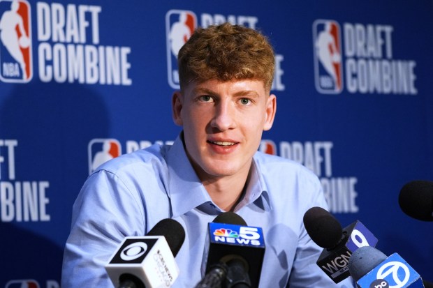 Kasparas Jakucionis talks to media at the NBA draft combine Wednesday, May 14, 2025, at Wintrust Arena. (AP Photo/Nam Y. Huh)