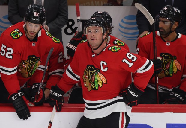 Blackhawks center Jonathan Toews watches a video replay in the first period against the Flyers on April 13, 2023, at the United Center. (John J. Kim/Chicago Tribune)
