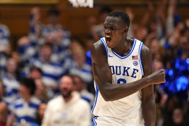 Duke's Khaman Maluach reacts during a game against North Carolina State on Jan. 27, 2025, in Durham, N.C. (Grant Halverson/Getty Images)