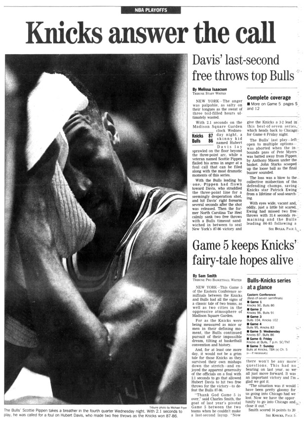 The Chicago Bulls lost 87-86 at Madison Square Garden to the New York Knicks on May 18, 1994, in Game 5 of the Eastern Conference semifinals. (Chicago Tribune)