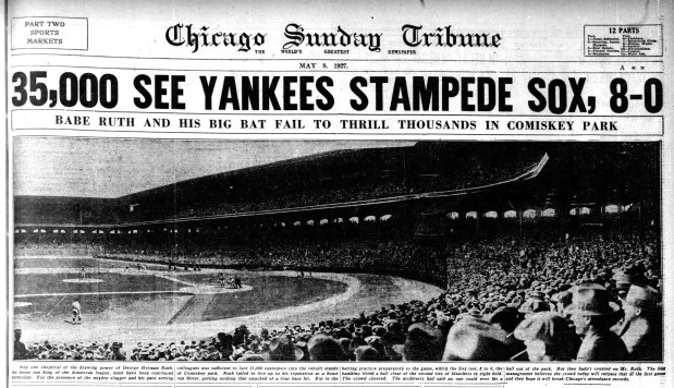 New York Yankees slugger Babe Ruth failed to hit a home run in a game against the Chicago White Sox at Comiskey Park on May 7, 1927, but he did during batting practice. "The bambino lifted a ball clear of the second tier of the bleachers in right field, The crowd cheered," the Tribune reported. (Chicago Tribune)