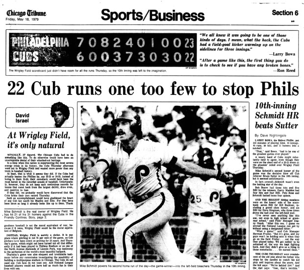 A 23-22 win by the Philadelphia Phillies against the Chicago Cubs on May 17, 1979 at Wrigley Field set several team records at the time: Most total bases in a game (97); most home runs in a game (11); most total bases (49 for the Cubs and 48 for the Phillies); most home runs given up by the Phillies (6); and most runs scored by the Phillies (23). (Chicago Tribune)