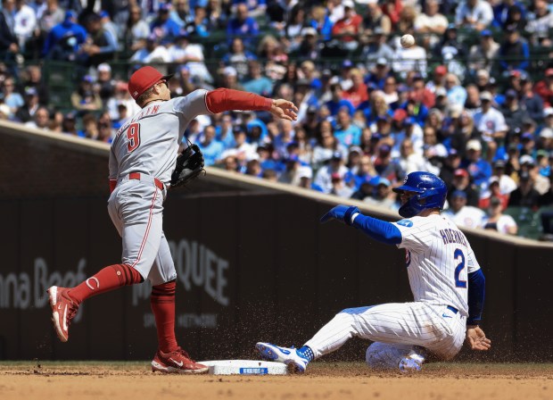 Reds second baseman Matt McLain completes a double play after forcing out Cubs second baseman Nico Hoerner in the fifth inning May 31, 2025, at Wrigley Field. (John J. Kim/Chicago Tribune)