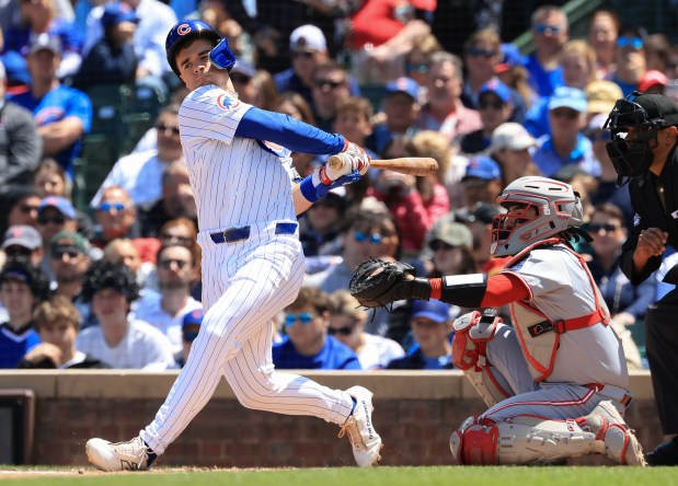 Cubs third baseman Matt Shaw swings for a strike in the third inning May 31, 2025, at Wrigley Field. (John J. Kim/Chicago Tribune)