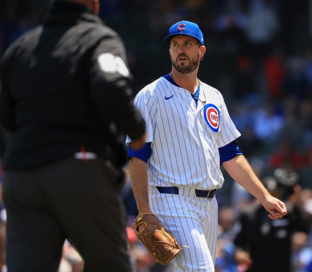 Cubs starting pitcher Drew Pomeranz heads to the dugout after the first inning against the Reds on May 31, 2025, at Wrigley Field. (John J. Kim/Chicago Tribune)