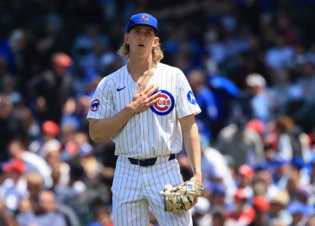 Cubs pitcher Ben Brown prepares to throw against the Reds in the third inning May 31, 2025, at Wrigley Field. (John J. Kim/Chicago Tribune)