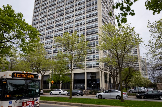 Rep. Jonathan Jackson's district congressional office, located in the base of a tower at 435 E. 35th St. in Bronzeville, on May 4, 2025, in the Theodore Lawless Gardens complex. (Brian Cassella/Chicago Tribune)